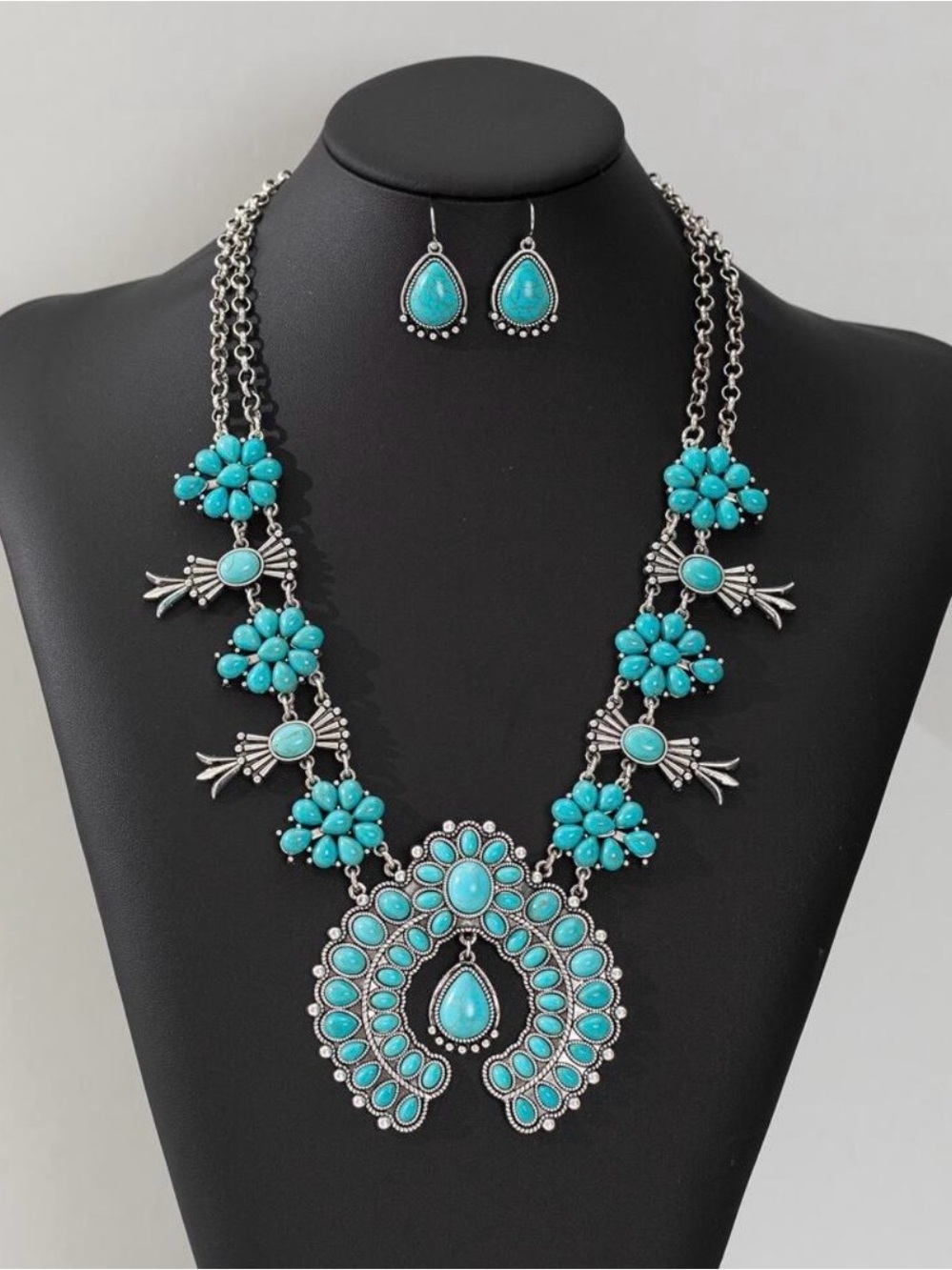 Turquoise Floral Statement Necklace and Earrings Set